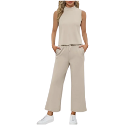 Women’s 2 Piece Summer Lounge Set Mock Neck Sleeveless Top & Wide Leg Crop Pants Vacation & Travel Outfit