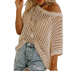 Women’s Crochet Knit Summer Top Scoop Neck Short Sleeve Pullover Sweater Casual Beach Cover Up & Resort Wear